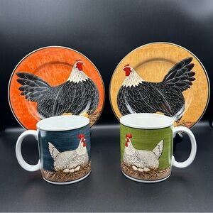 Warren Kimble Sakura Henny Penny Chicken Set of 2 Plates 2 Mugs Country 2000
